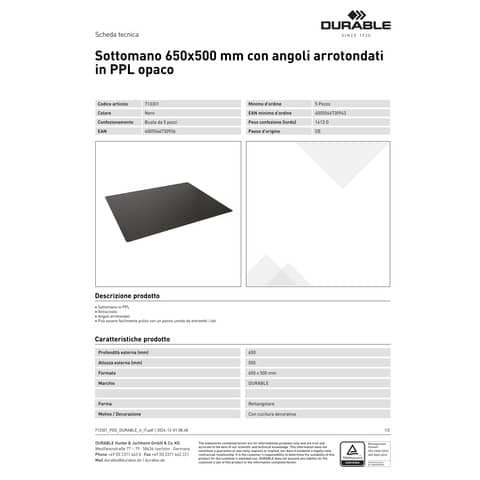 Sottomano Durable 65x50 cm con bordi arrotondati in PPL opaco nero - 7133-01